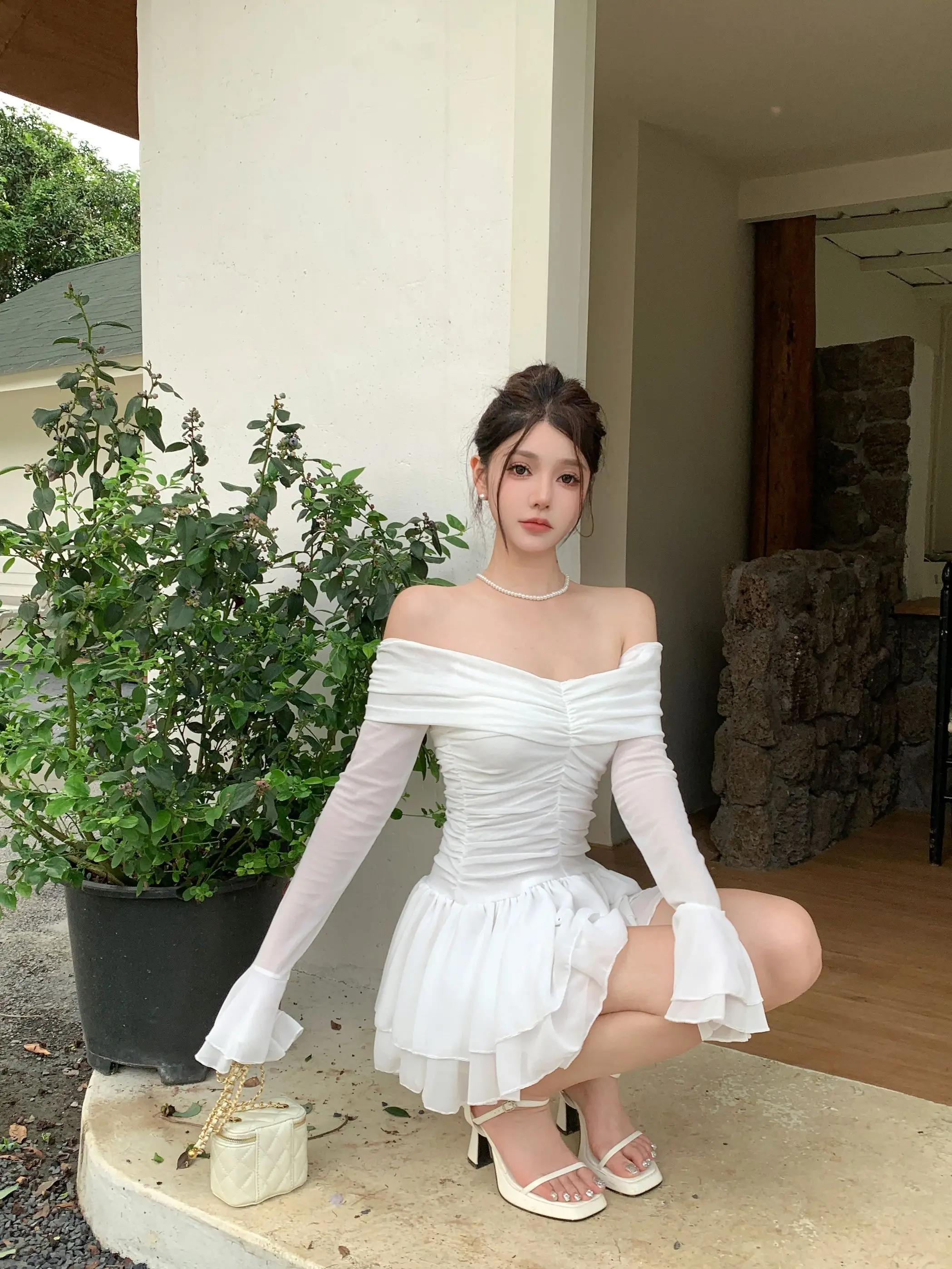 Elegant Mini White Dresses for Women Slash Neck Flare Sleeves Slim Waist Ruffles A-line Korean Fashion Short Vestidos Mujer New