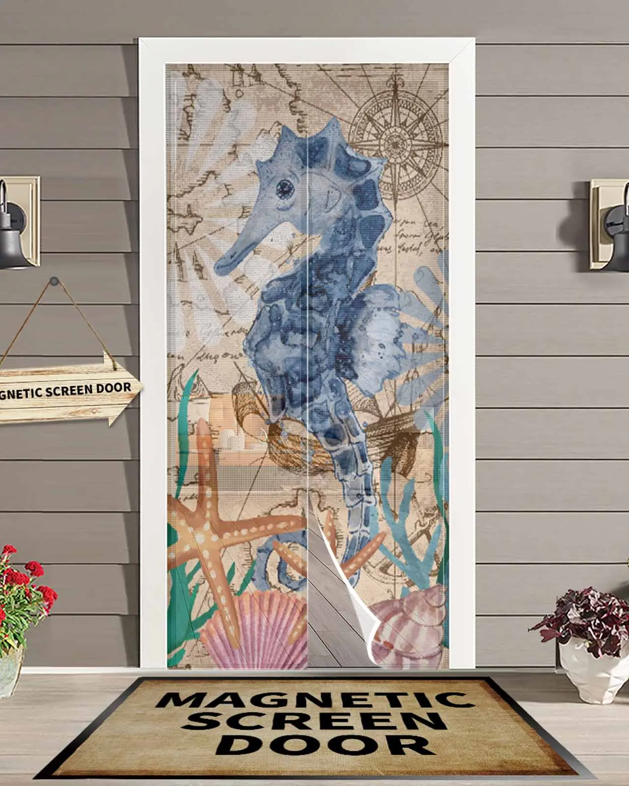 

Seahorse Seaweed Starfish Shell Retro Summer Magnetic Door Curtain Living Room Bedroom Home Anti-mosquito Screen Door Curtain