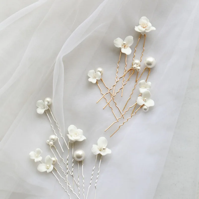 

New Exquisite Ceramic Flower Simple Fashion Pearl Women's Hairpin Set Earrings Bridal Headwear Women's Hairpin Hair Jewelry