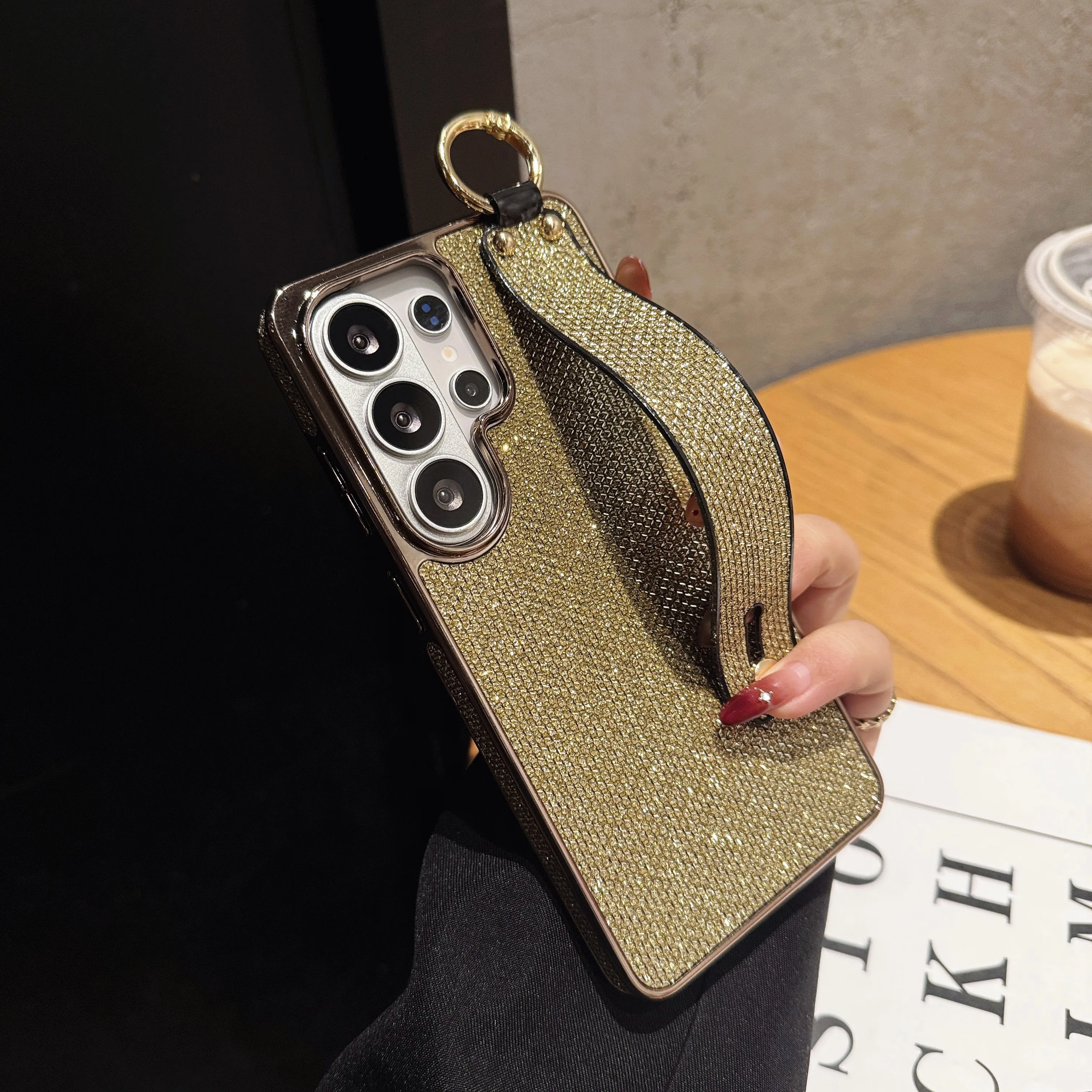 Sparkling Plating Wrist Strap Holder Case with Hand Bracket and Enhanced Camera Protection