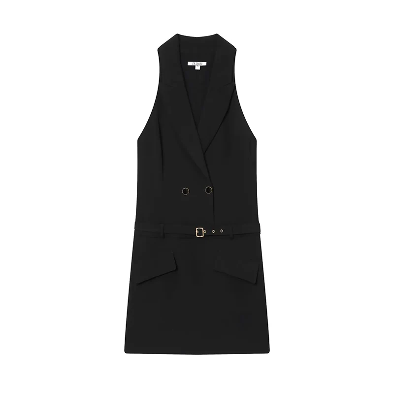 Women Fashion Suit Style Short Dress 2025 New Street Sleeveless Belt Mini Dresses Solid Office Casual Dresses