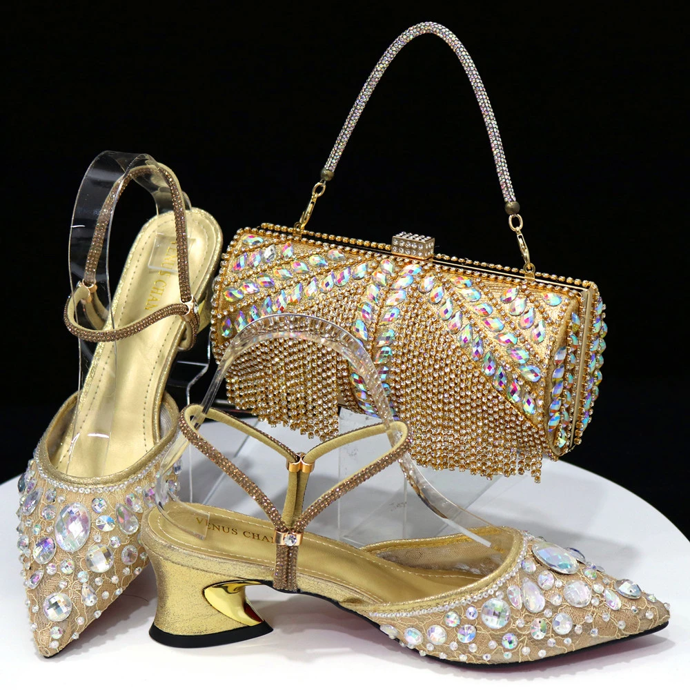 

Luxury Gold Shoes And Bag Set For Women Pointed Toes Sandals With Handbag Clutch African Pumps Escarpins Femme Sandales CR370