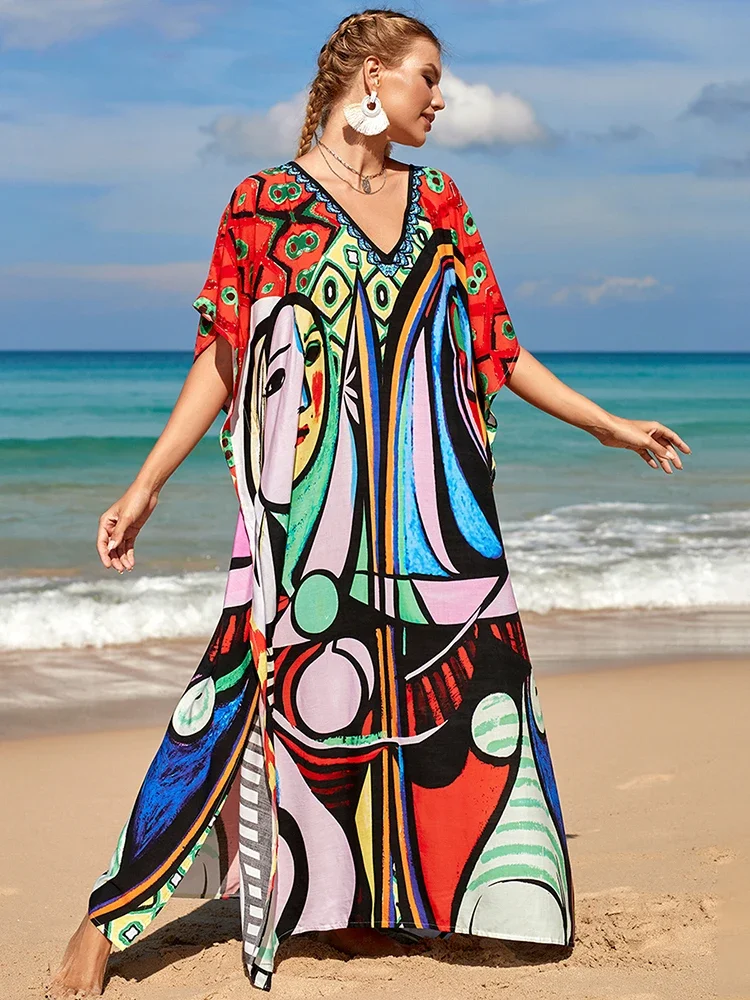 Loose Boho Style Maxi Dress Print Face Swim Suit Cover-up Bohemian Dress Robe Plage Kaftan Maxi Beach Wear Tunics