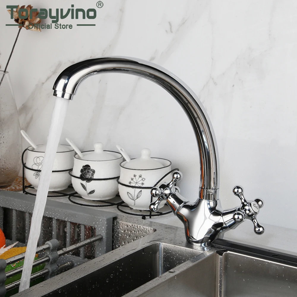 Torayvino luxury Kitchen Faucet Chrome Polished Deck Mounted Single Hole Sink Mixer Water Tap Dual Handles Basin Faucets