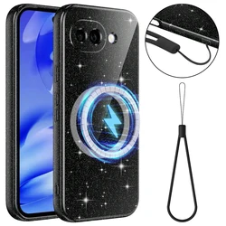Magnetic Shining Glitter Soft TPU Phone Case with Microfiber Interior and Strap Lanyard - Google Pixel 10a (Black)