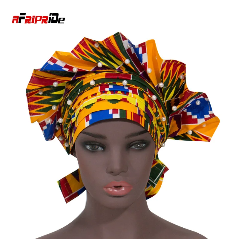 Already Made African Headtie for Women Nigerian Peals Head Wrap Headscarf Cotton Beautiful Wedding Turban Head Jewlery WYB462