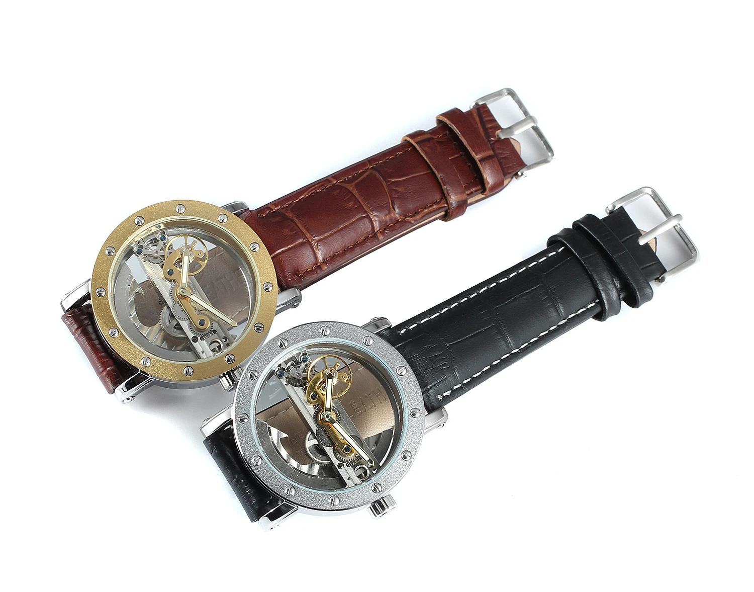 Silver Watch Hollow out round nail scale Mechanical leather strap Wrist watch Men's and women's watches