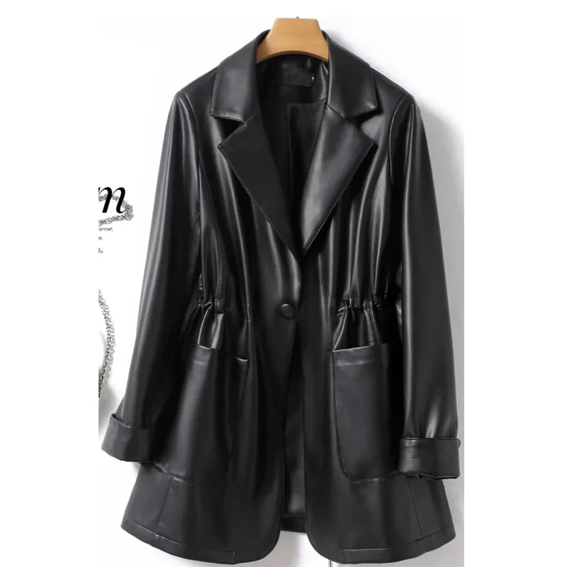 High Quality Black Real Leather Blazer Jacket for Women Fashion Button Drawstring Ladies Fall Winter Sheepskin Coats 2023