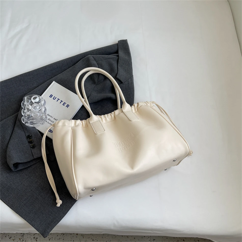 

New Solid Color Tote Bags for Women Vintage Luxury Designer String Shoulder Bag Large Capacity Shopper Fashion Shopping Handbag