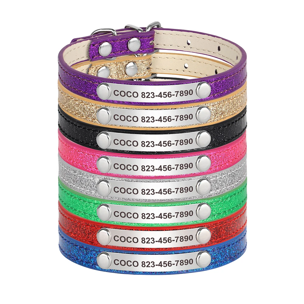 Custom Bling Leather Cat Collar with Engraved ID Nameplate for Cats & Small Dogs