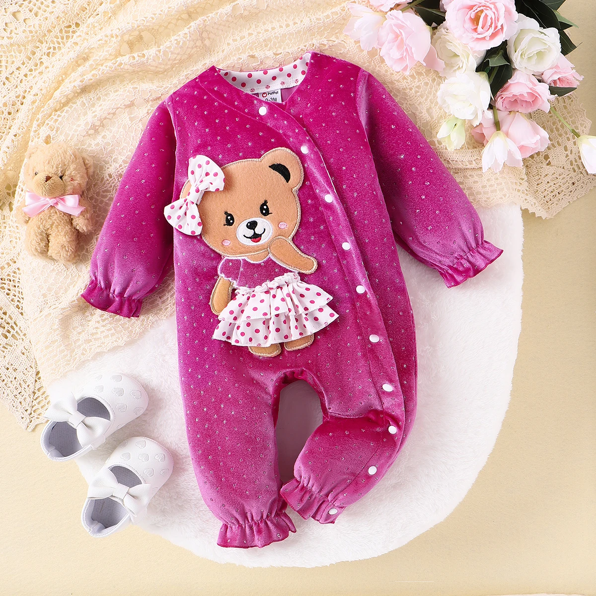 

PatPat Baby Girl Cute Velvet Silver Dot Hyper-Tactile 3D Bear Pattern Jumpsuit