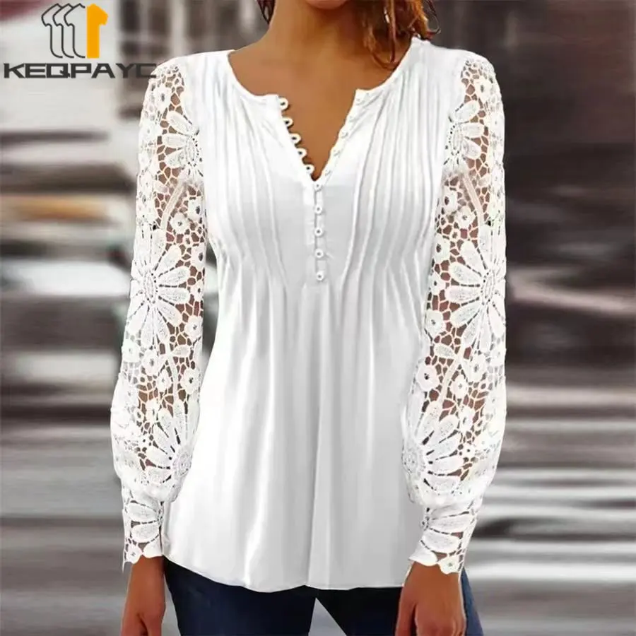 

Spring Women's T Shirt New 2023 Women Fashion Button V-neck Lace Patchwork Long Sleeve Solid T-Shirt Ladies Casual Tops Tees