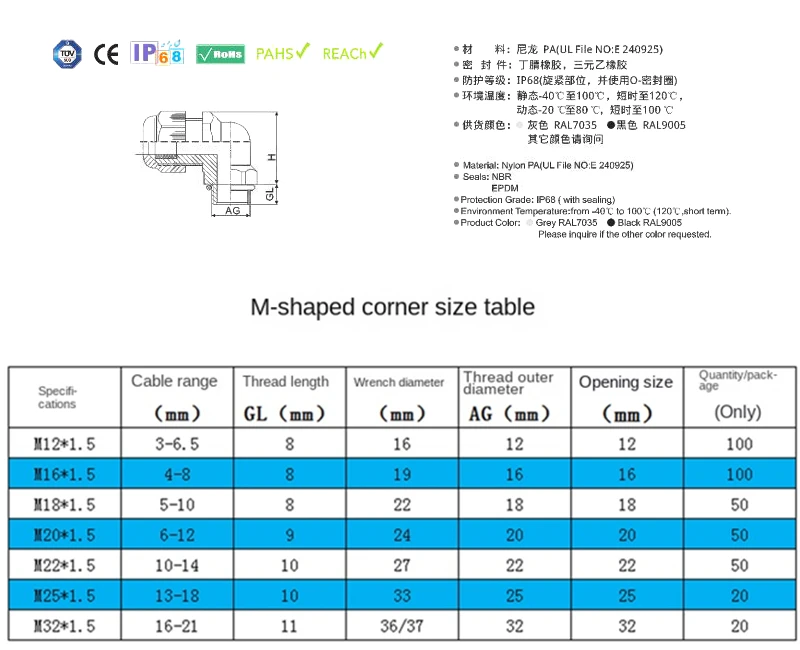 M12/M16/M20/M25 Nylon Waterproof 90 Degrees Cable Gland Wire Fitting Plastic Range Cable Entry 1pcs cable gland