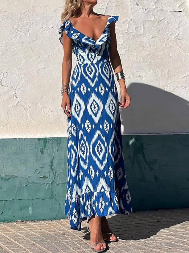 

Deep V-Neck Ruffles Loungewear Party Dress, Women Summer 2024 Printed Patchwork Maxi Dress, New Short Sleeve Simple Ladies Dress