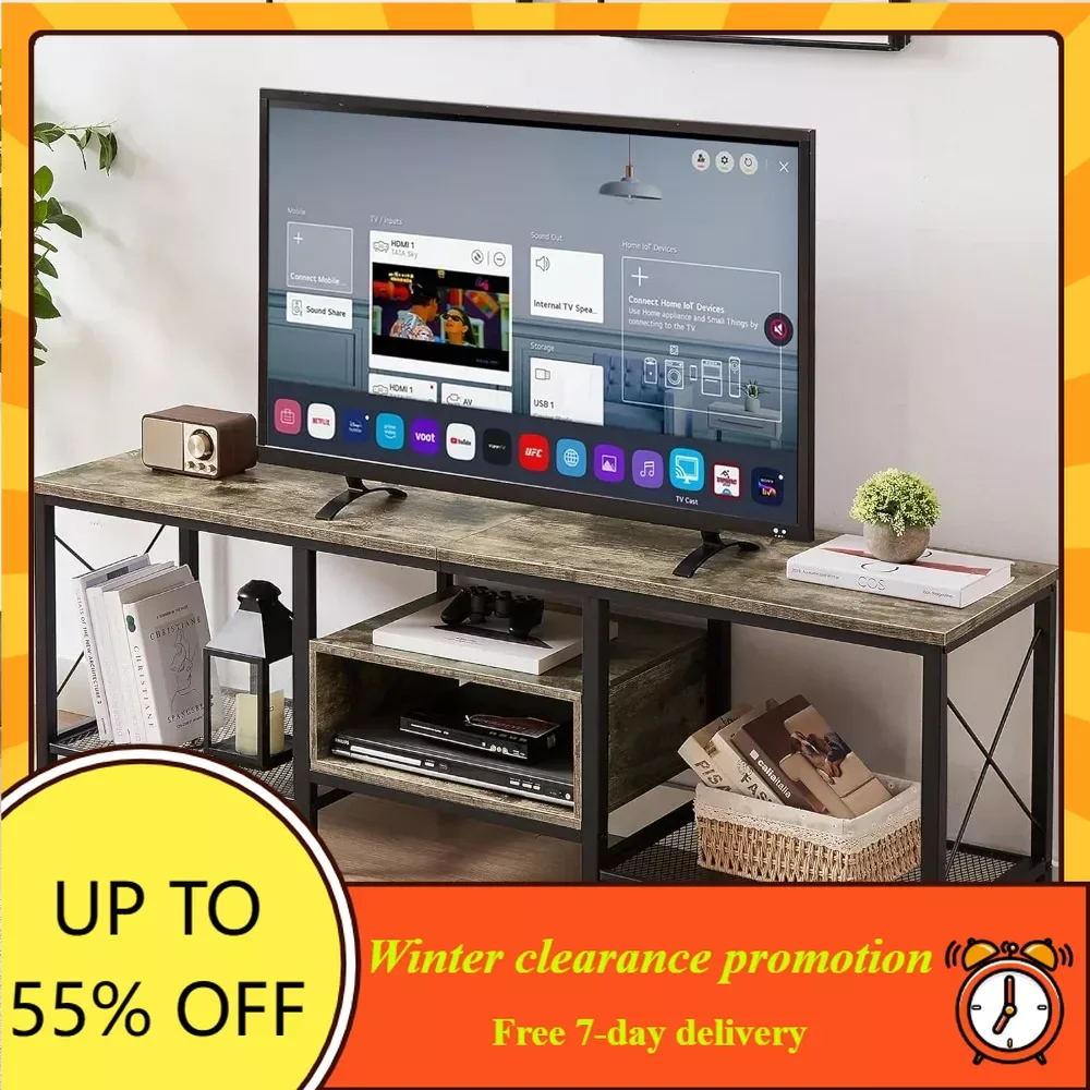 

Industrial TV Stand for 75 Inch Television Cabinet 3-Tier Console with Open Storage Shelves, for Living Room, 70 Inch, Grey