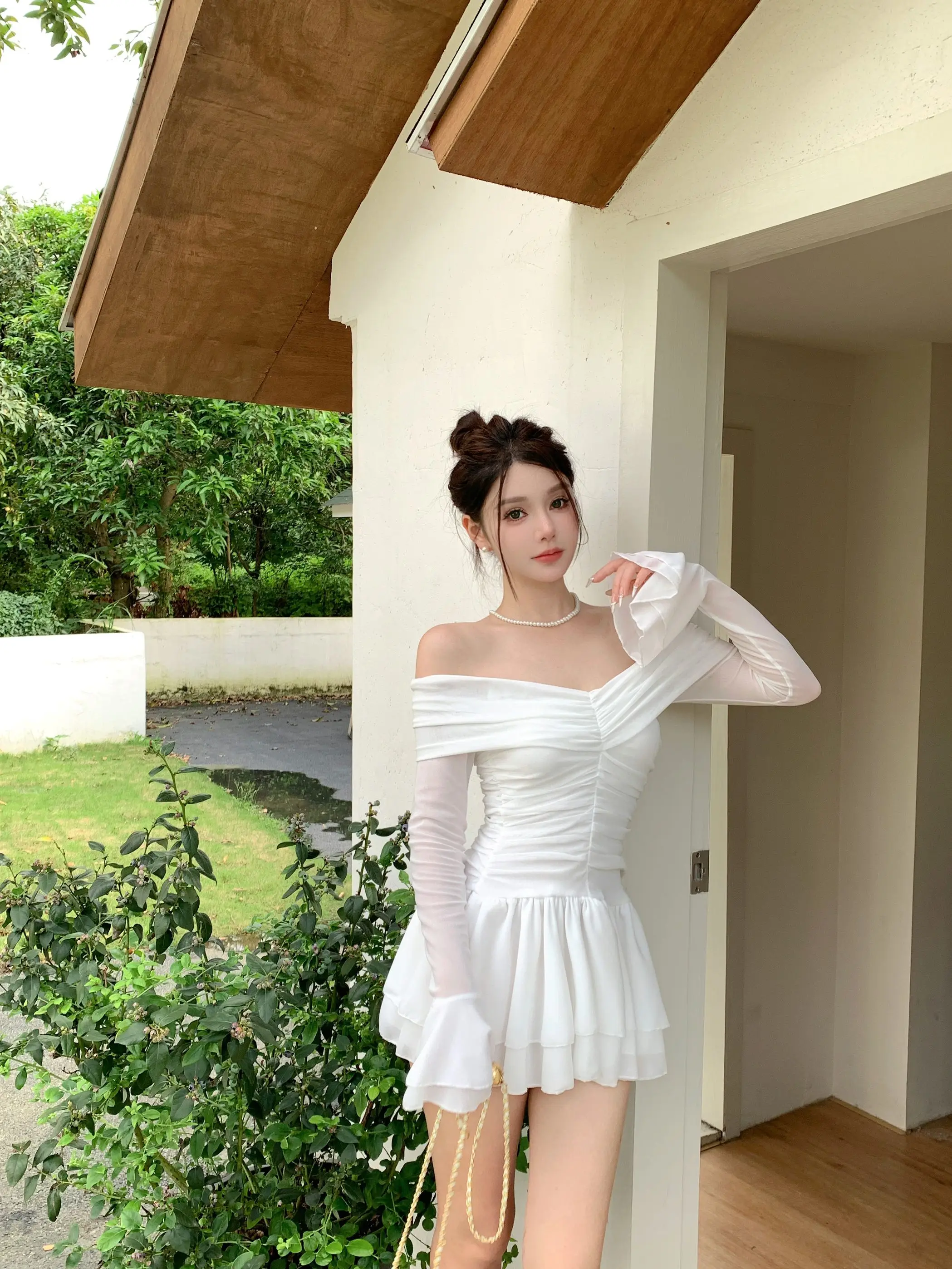 Elegant Mini White Dresses for Women Slash Neck Flare Sleeves Slim Waist Ruffles A-line Korean Fashion Short Vestidos Mujer New