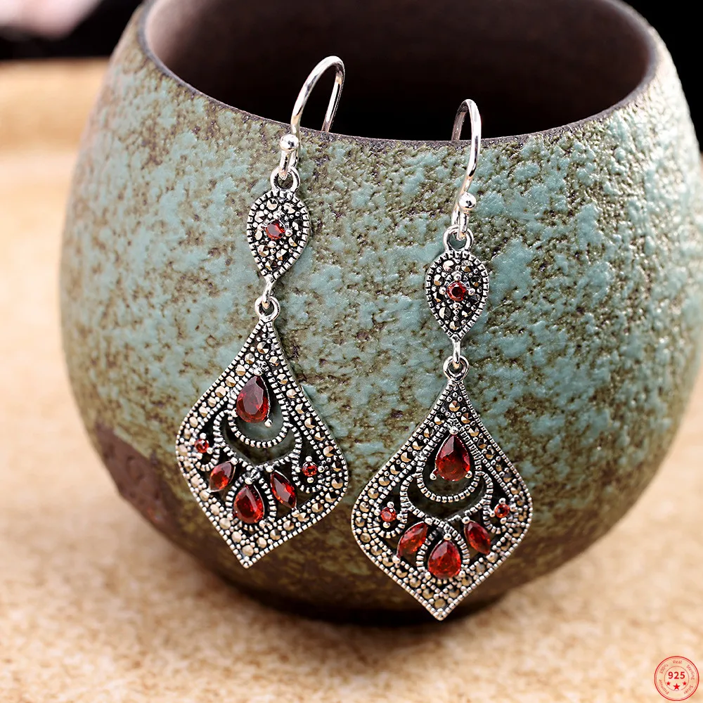 

S925 Sterling Silver Earring 2022 New Fashion Garnet Retro Pattern Long Tassel Ear Drop Pure Argentum Jewelry for Women Lover