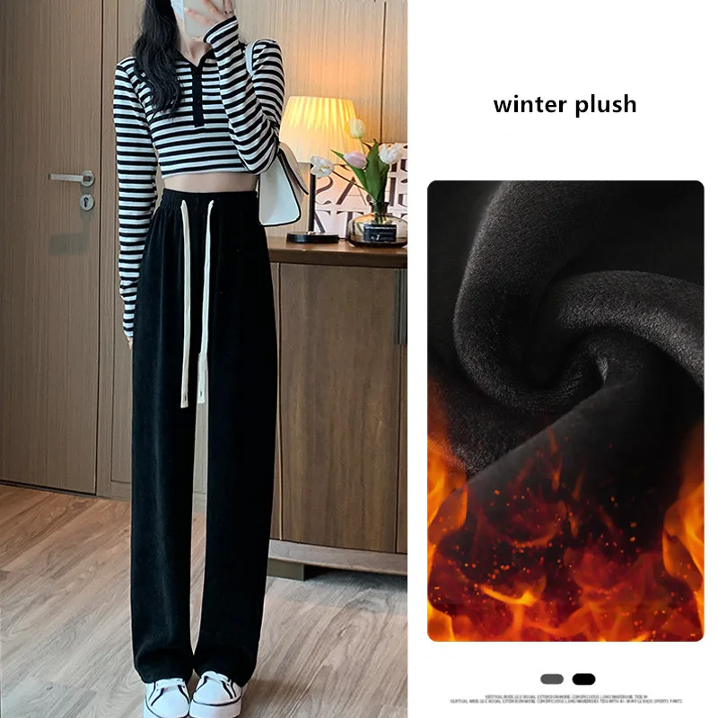 

Women'S Autumn And Winter New High Waist Loose Relaxed Wide Leg Pants Show Slim Fashion Versatile Thickened Warm Trousers