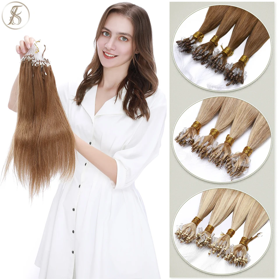 TESS Micro Loop Hair Extensions Human Hair Micro Link 1g/strand Ring 14-24inch 50pcs Brown Straight Natural Extension