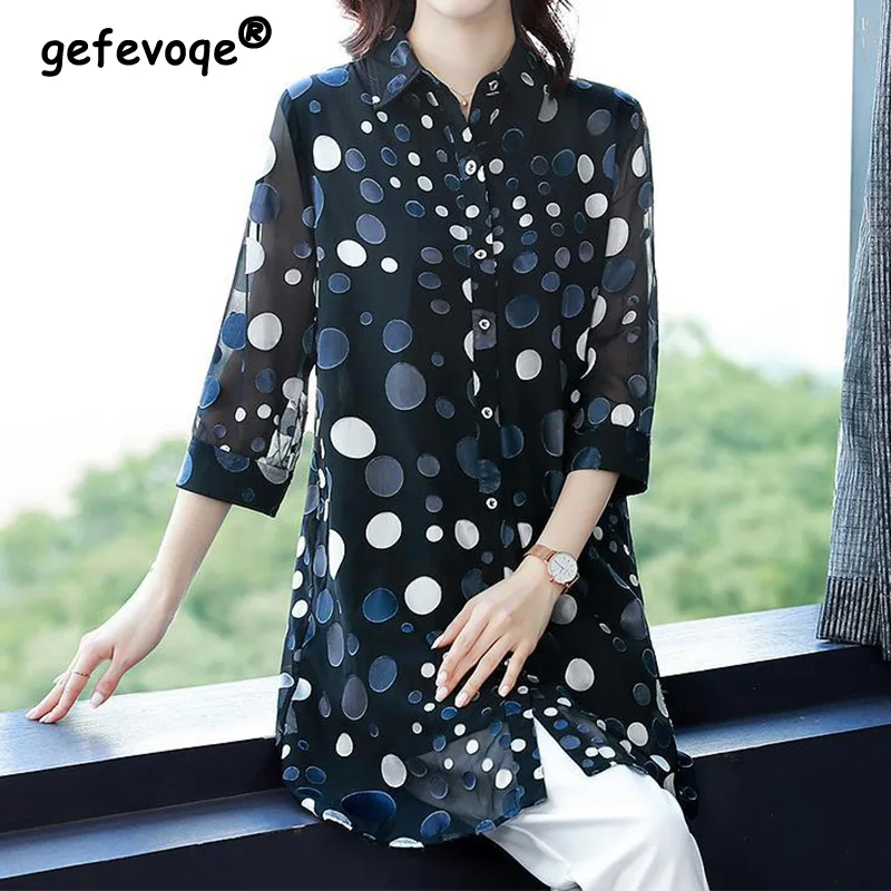 

Casual Vintage Polka Dot Button Long Shirt Summer 2023 New Office Lady Polo-Neck Three Quarter Sleeve Loose Tops Ladies Clothing