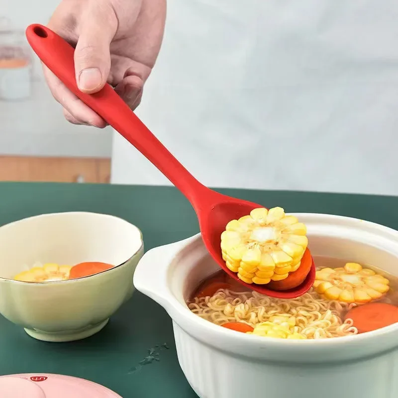 Thermostability Silicone Long-Handled Soup Spoon Tableware Solid Color Child Kitchen Silicone Flatware Utensils Accessories silicone spoon,soup spoon