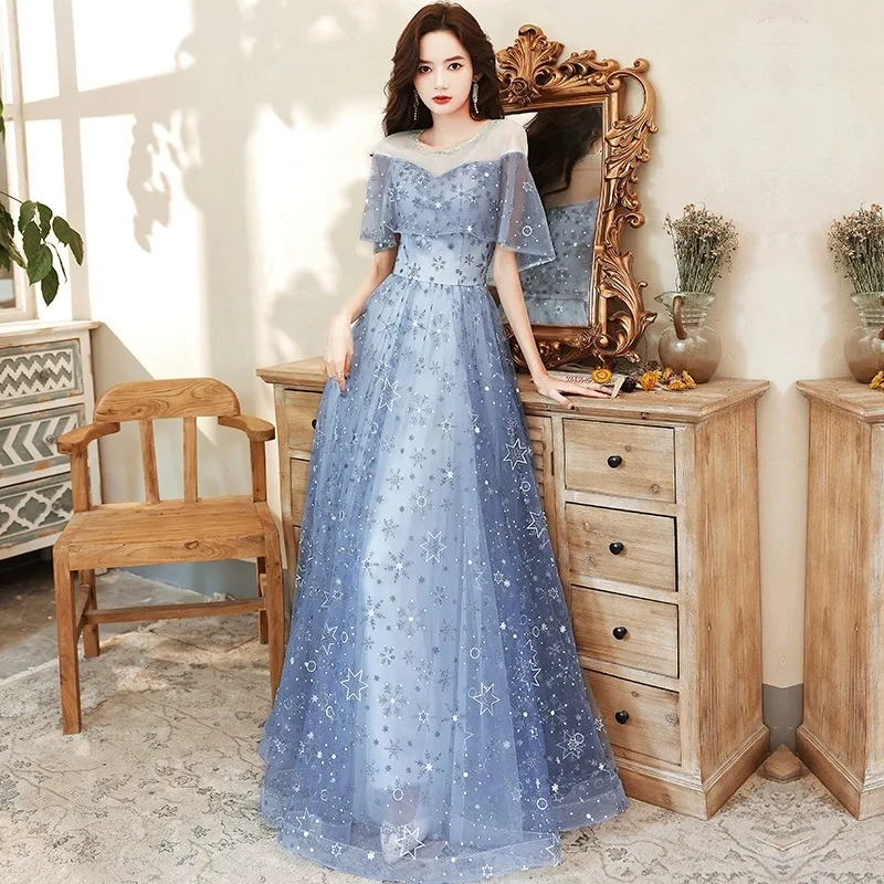 

Blue Starry Sky Evening Dresses Women O-Neck Beading A-line Printing Homecoming Dress Exquisite Elegant Quinceanera Gown