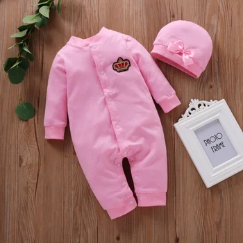 Unisex Baby's Pink Casual Long-Sleeve Romper with Crown Print + Hat 1