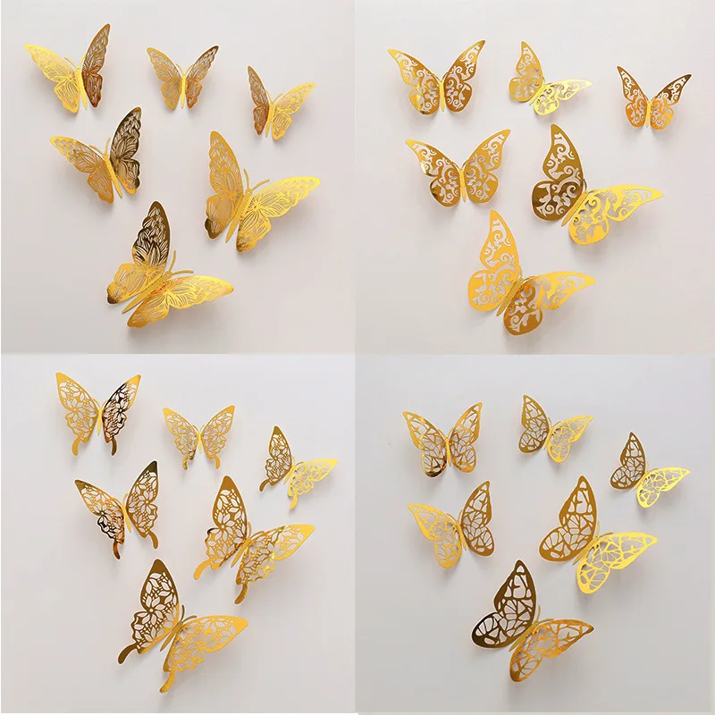 

12piece Butterfly Wall Stickers Golden Hollow 3D Background Art Home Decoration Decals Festivals Wedding DIY Bedroom Living Room