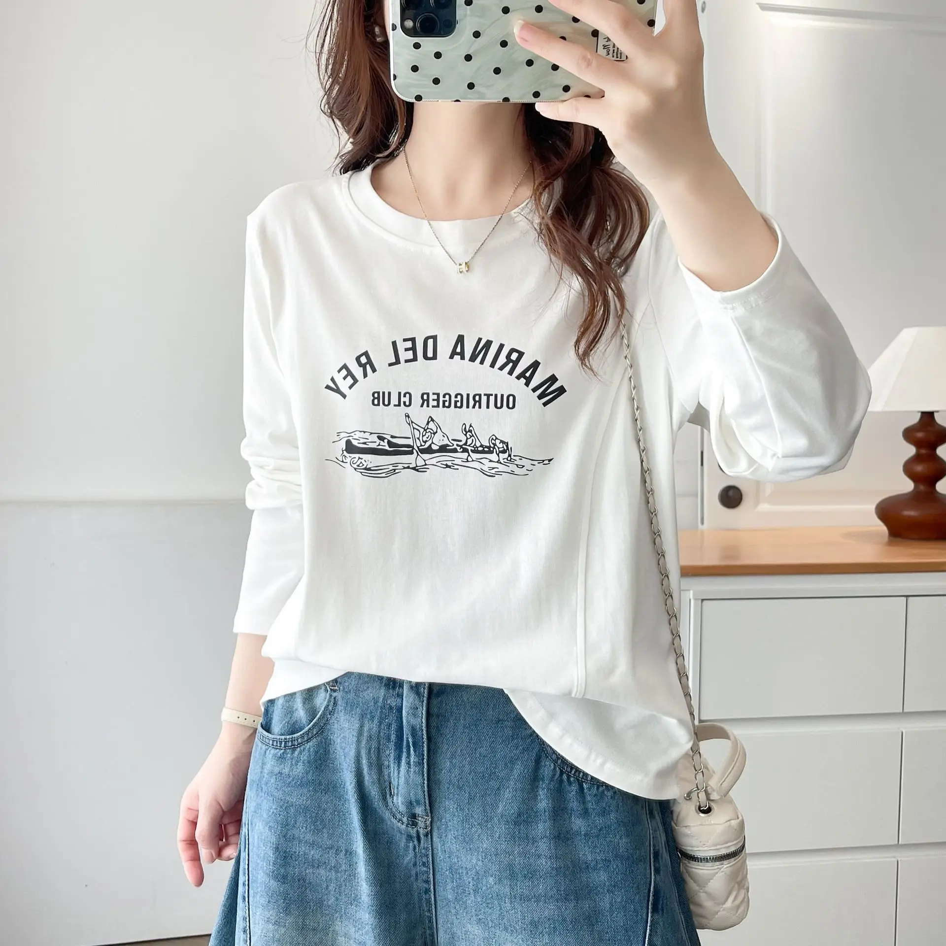 Fashion Plus Size Women's T-Shirt 2025 Autumn New three-dimensional Cut Printed Long Sleeve Combed Cotton Tops 6692