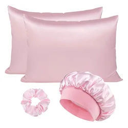 Luxury 4-Piece Satin Sleep Set with Pillowcases and Hair Accessories - As photo (Pink set)