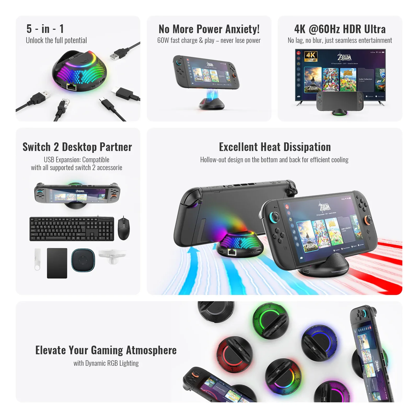 NEW JYS-NS2289 4K TV Dock Station Converter for Switch 2, 5-in-1 Docking Station with 60Hz Output and RGB Effects
