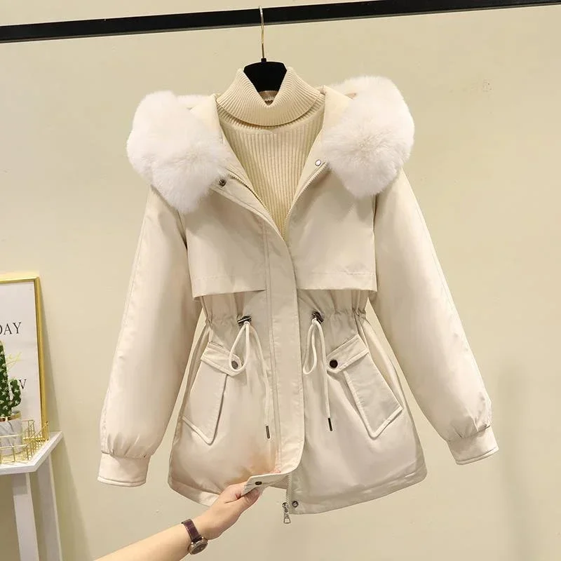 Pie Overcomes The Women's Mid-length Plush Thick Winter Coat 2023 New Korean Version Loose Student Waist Cotton Clothing Trend