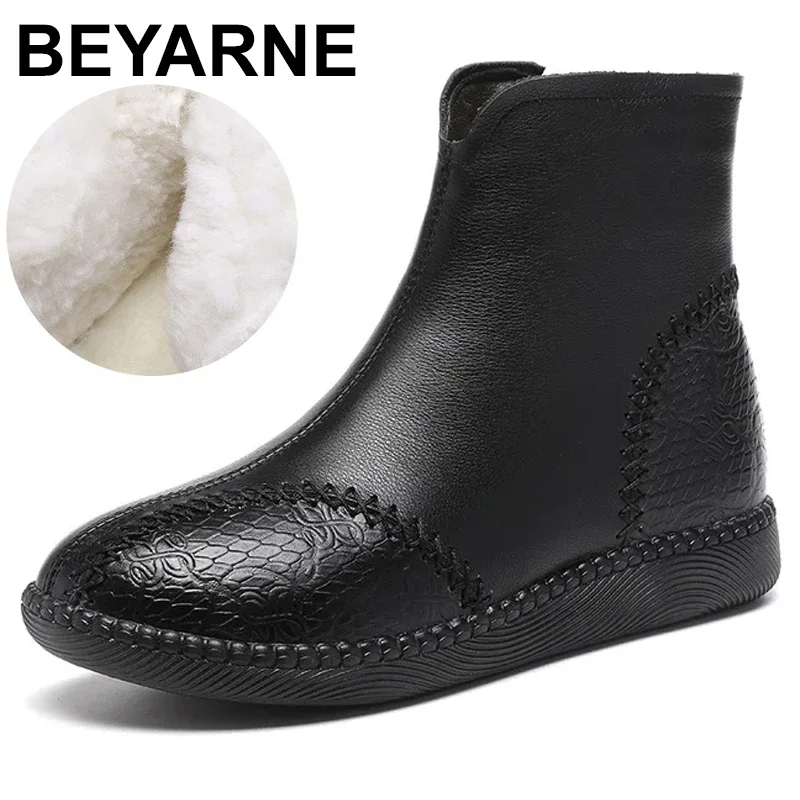 

2.5cm Chimney Booties Woman Winter Plush Natural Soft Flats Genuine Leather Boots Spring Autumn Ankle Warm Shoes