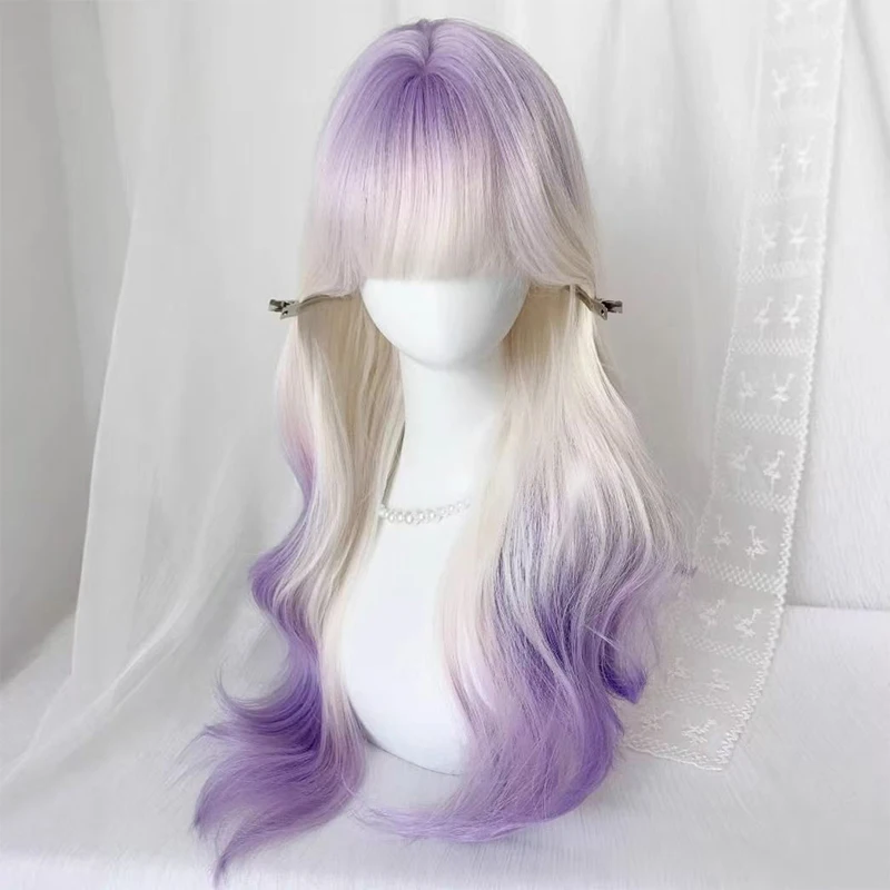 【 Violet 】 Female wig with long curly hair, big waves, milky white gradient purple, natural atmosphere, full head cover