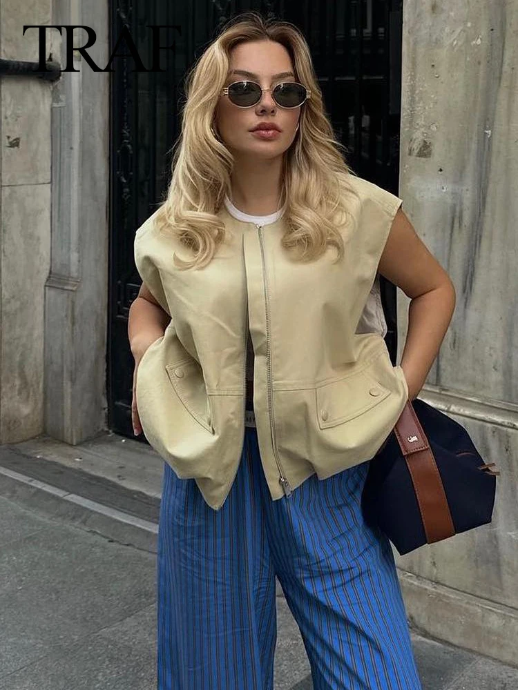 

Pocket Zipper Sleeveless Cotton Jacket Loose Women's Top Coat TRAF Women's Fall Ruched Hem Cropped Tank Top Fashion Patch