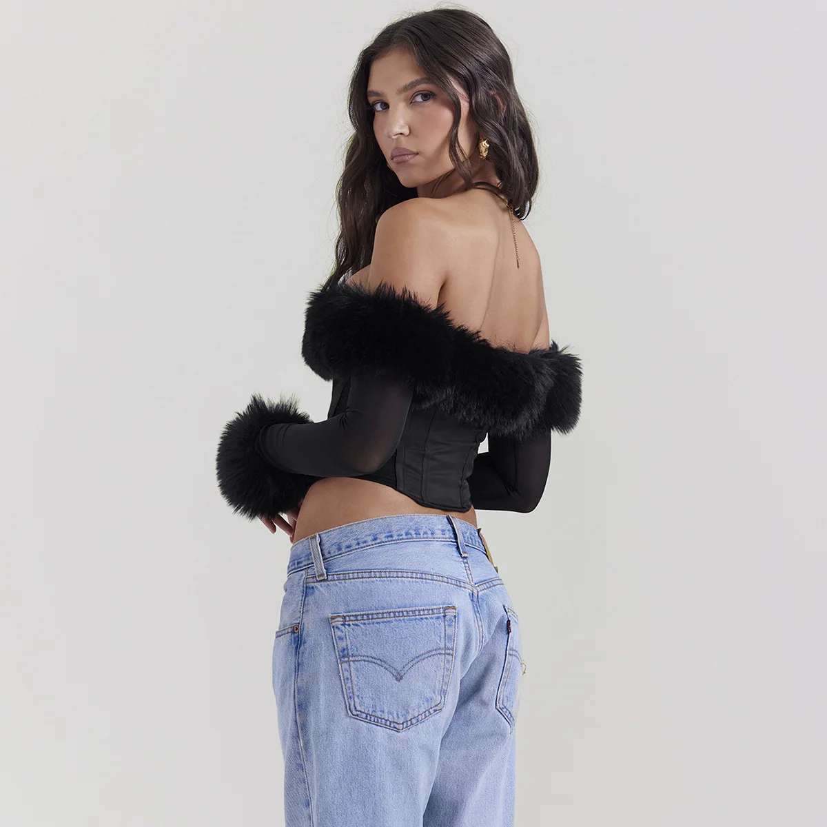 Furry Trim Tops For Women Sexy Slim Crop Tops Off-Shoulder Long