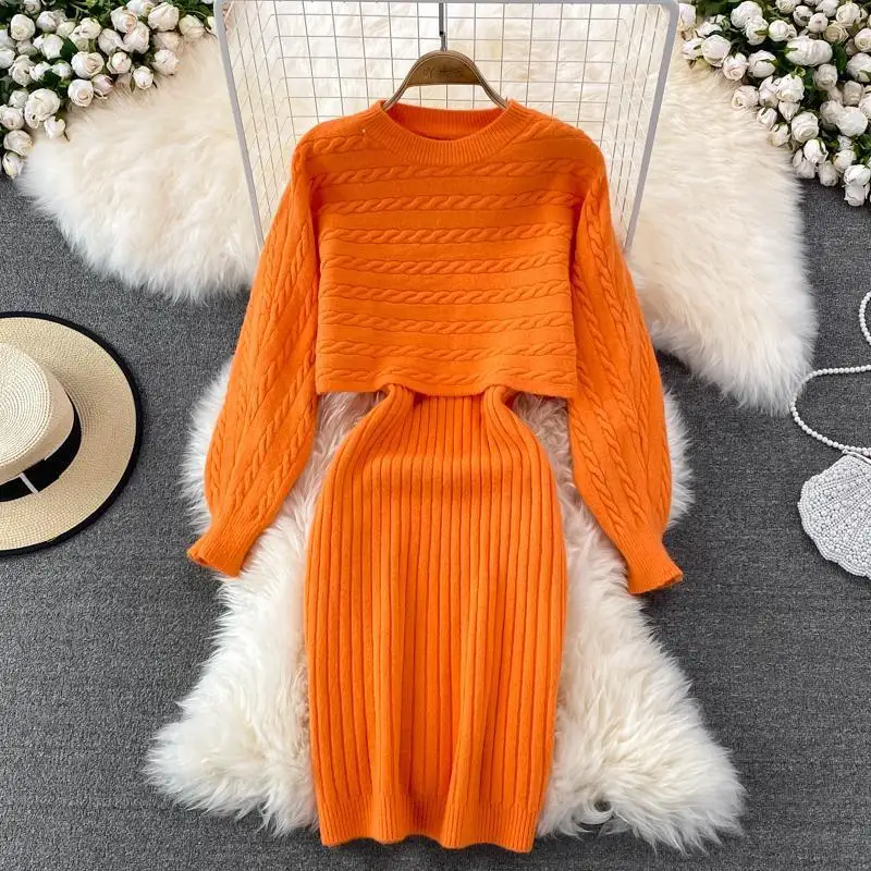 Two-piece Dress Women 2024 Spring and Autumn Loose Round Neck Short Knit Top & Casual Camisole Vest Skirt Slim Fit Long Dress