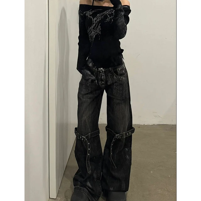 Jean noir taille haute pour femmes, pantalon droit Hip Hop à la mode, Streetwear Harajuku Y2K Star 2024, pantalon en Denim à jambes larges 2