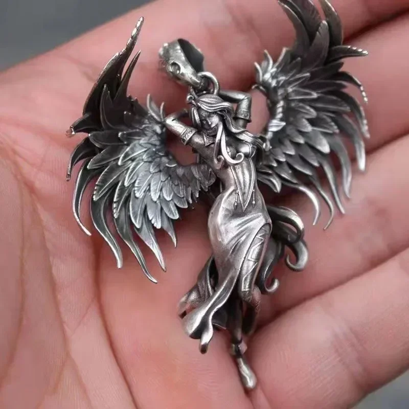 

s925 Sterling Silver Vintage Angel Wings Gift Evil Angel Goddess Pendant Men’s Women's Necklace Chains