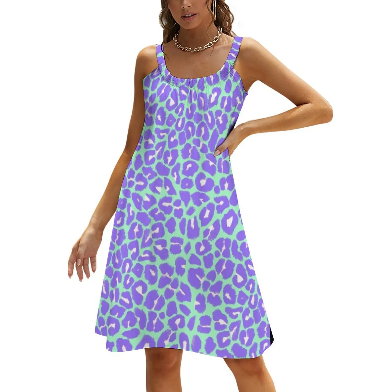 

Leopard Print Pattern in Mint Green, Purple and White Beach Sling Skirt ladies dresses for special occasion