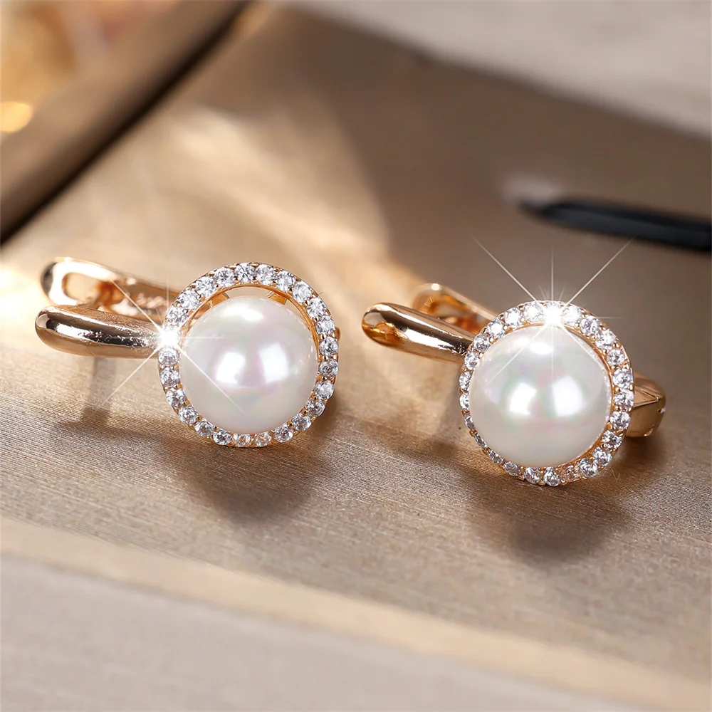White Round Simulated Pearl Small Hoop Earrings For Women Vintage Gold Color Ear Buckle Wedding Jewelry Versatile Gifts