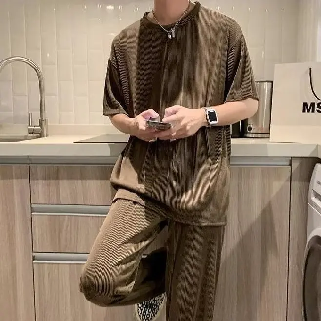 Summer Thin Ice Shreds Men's Short Sleeve Set 2024 New Korean Fashion Casual Pants and T-shirts Men's Sports Set Men Clothing