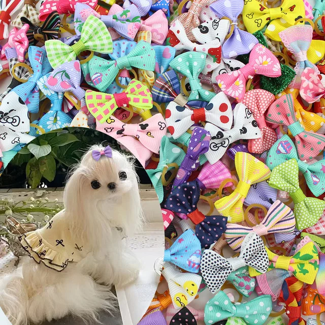 Set Cute Pet Bows Small Dogs Grooming Accessories Rubber Bands Puppy Cat Headwear Print Bow Handmade Hair Band For Dog Wholesale 3