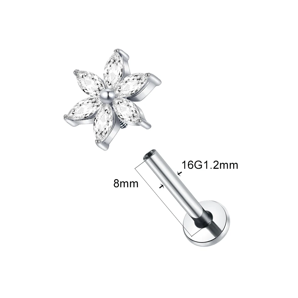G23 티타늄 스터드 귀걸이, 6 Marquise CZ 꽃잎 꽃, 내부 스레드 라브렛 립 헬릭스 피어싱 바디 쥬얼리, 1 개, 5 개