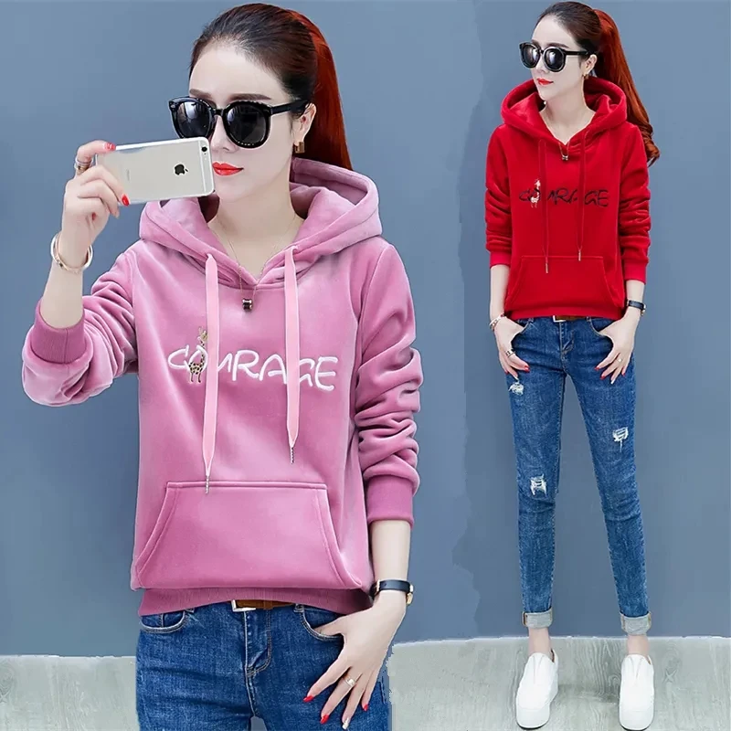 

2024 Autumn Winter Korean Pullover Hooded Embroidery Sweatshirt Women's New Add Velvet Thickened Top Lady Short Loose Coat 4XL