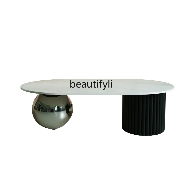 

Minimalist Stainless Steel Oval Light Luxury Italian Creative Living Room Nordic Coffee Table Solid Wood Household
