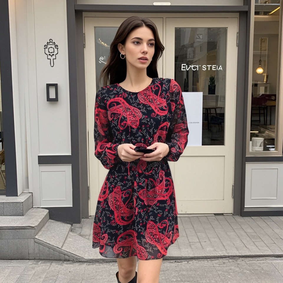 PB&ZA 2025 Women's Long Sleeve Black and Red Paisley Print Mini Dress with Drawstring Waist for Stylish Look