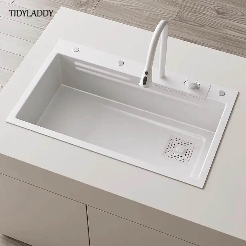 White Stainless Steel Waterfall Kitchen Sink Multifuctional Faucets Simple Style Large Single Slot Kitchen Novel Accessories 4