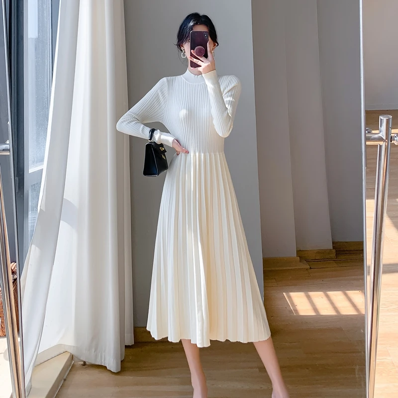 

New Elegant Women Stand Collar Knitted Sweater Bottoming Dress Autumn Winter Solid Long Sleeve Stretch Pleated Midi Vestidos