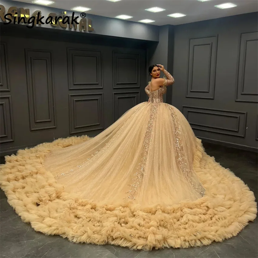 

Puffy Champagne Quinceanera Dresses Two Gloves Tiered Ruffles Beads Feathers Birthday Party Ball Gown Wedding Gowns